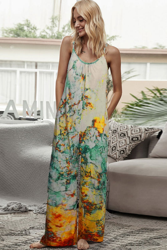 Elegant Shiny Tie-Dye Spaghetti Strap Jumpsuit with Pockets - adritiX