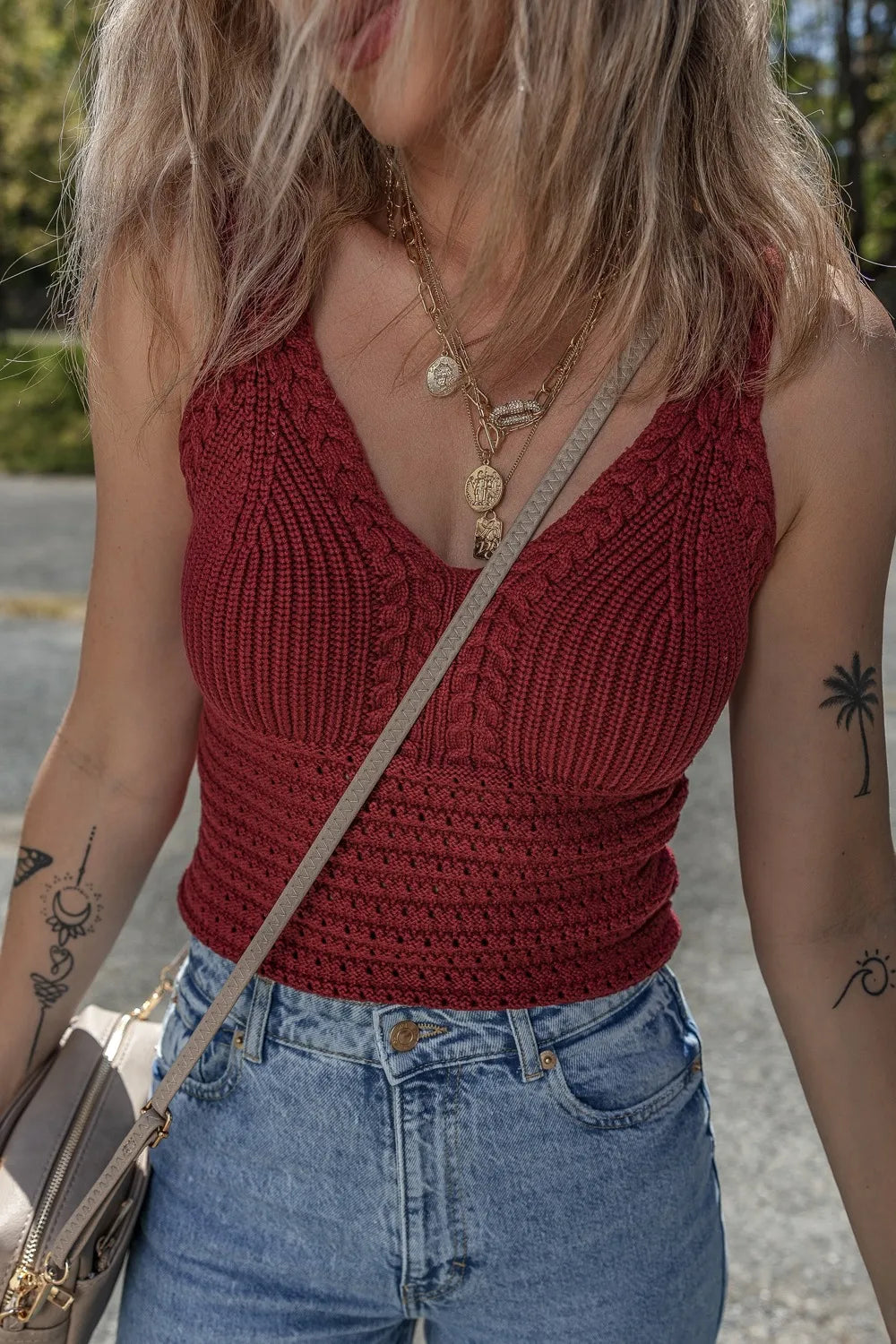 Cable Knit Pointelle Slim Fit V Neck Sweater Vest - adritiX