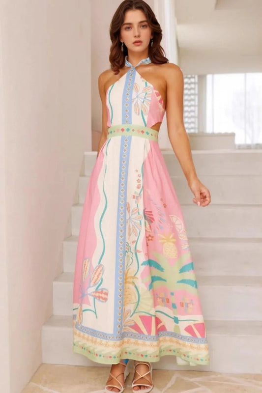 Printed Halter Neck Maxi Dress - adritiX