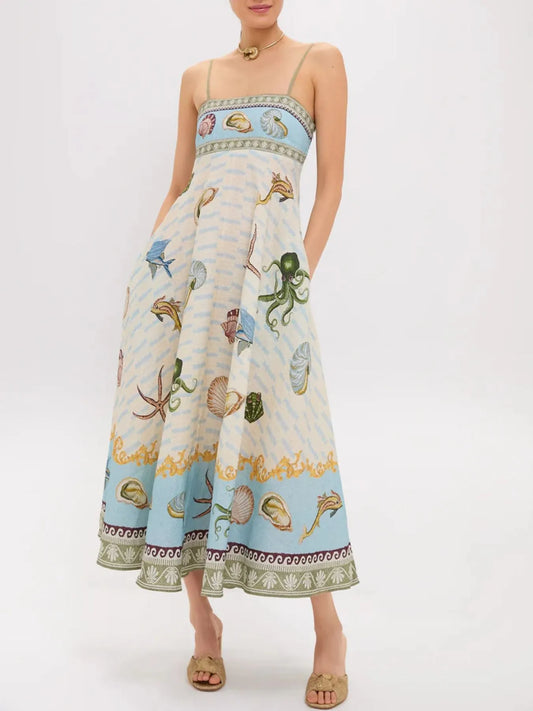 Elegant Ocean Print Spaghetti Strap Midi Dress - adritiX