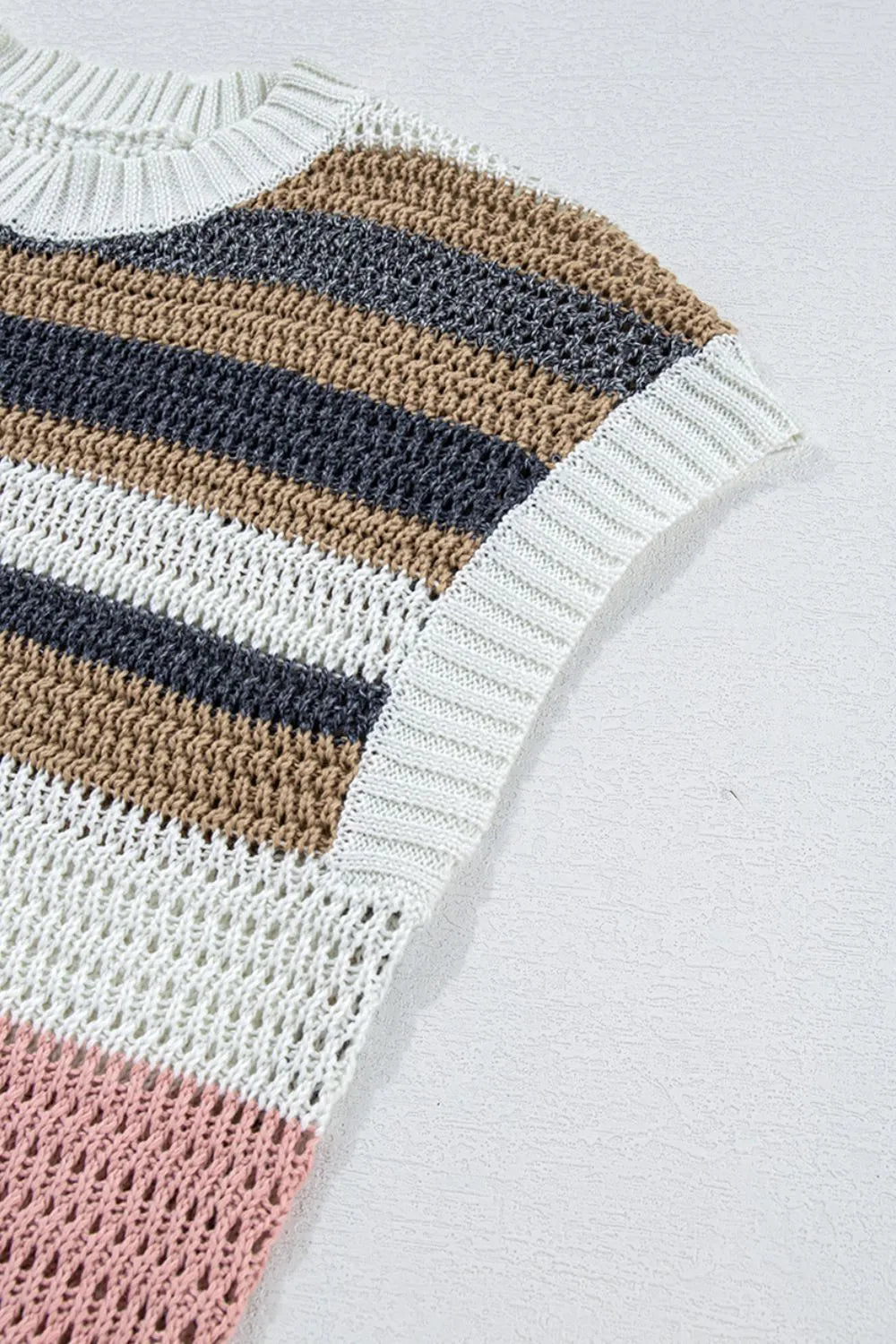 Stripe Color Block Eyelet Knit Short Sleeve Knit Top - adritiX