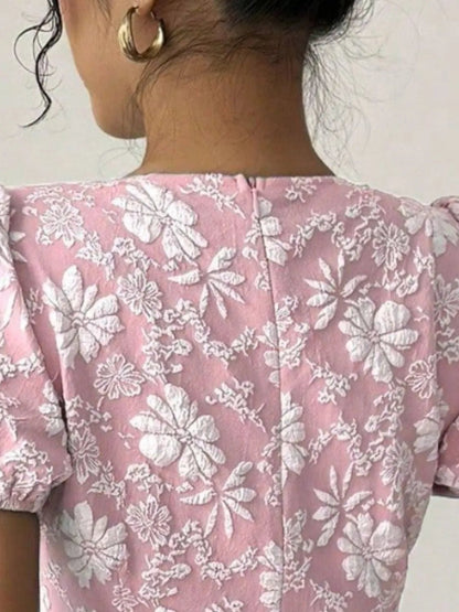 Ruffled Hem Flower Round Neck Short Sleeve Dress - adritiX