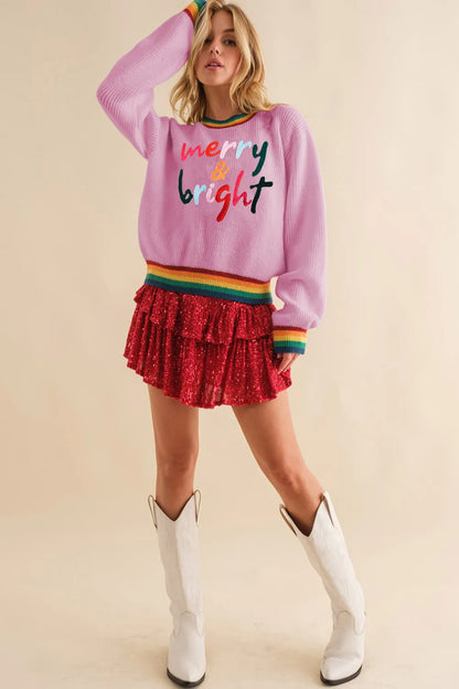 Elegant MERRY & BRIGHT Ribbed Round Neck Sweater - adritiX