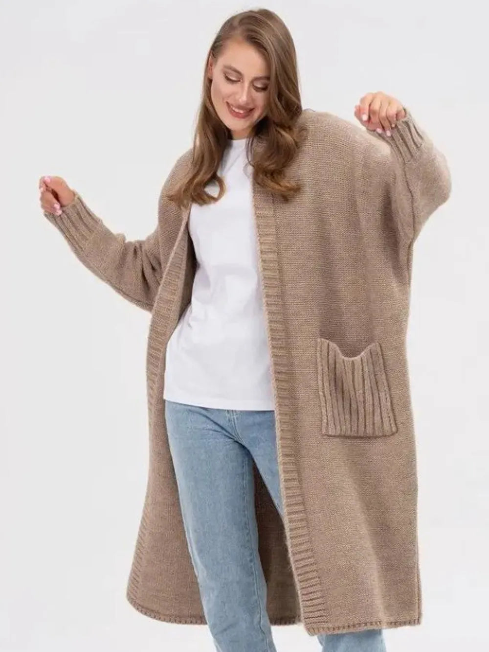 Pocketed Open Front Long Sleeve Longline Cardigan - adritiX
