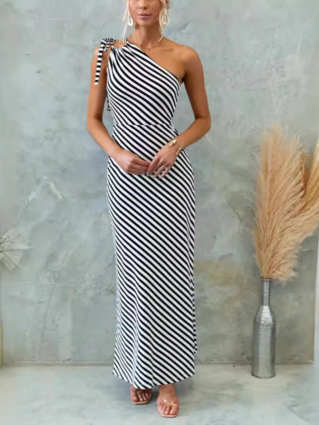 One Shoulder Striped Maxi Dress - adritiX