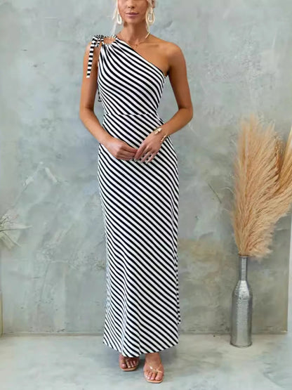 One Shoulder Striped Maxi Dress - adritiX