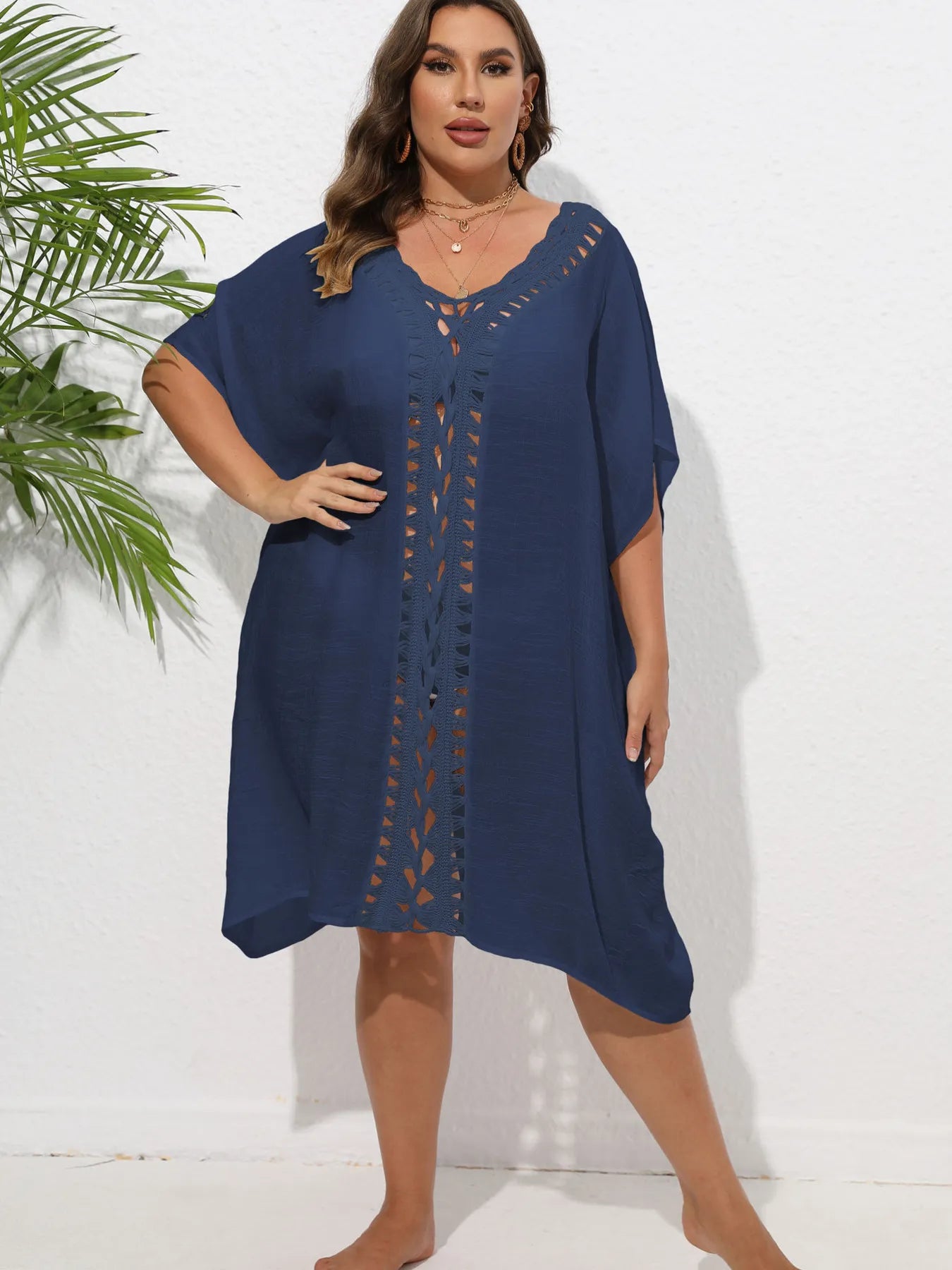 Crochet Trim V-Neck Beach Cover Up Dress - adritiX