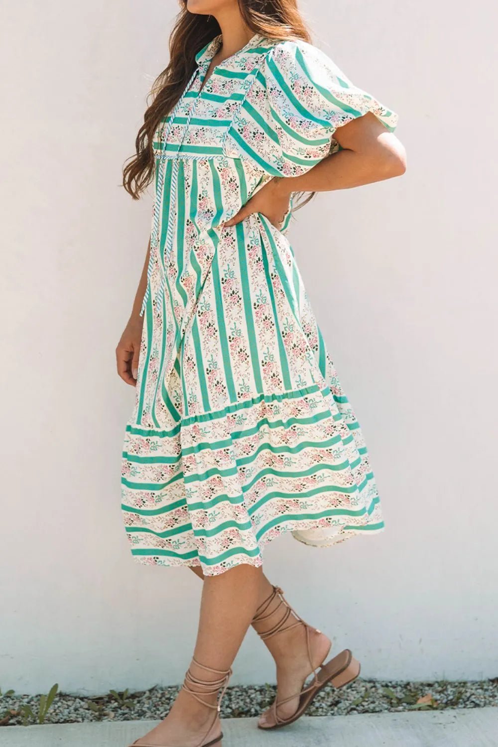 Striped Floral Print Tie Neck Puff Sleeve Midi Dress - adritiX