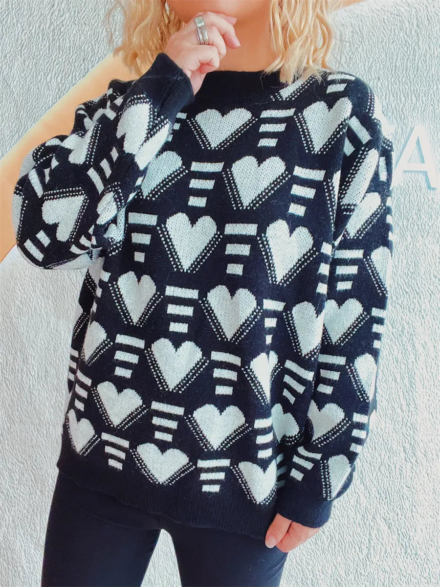 Elegant Heart Contrast Long Sleeve Dropped Shoulder Sweater - adritiX