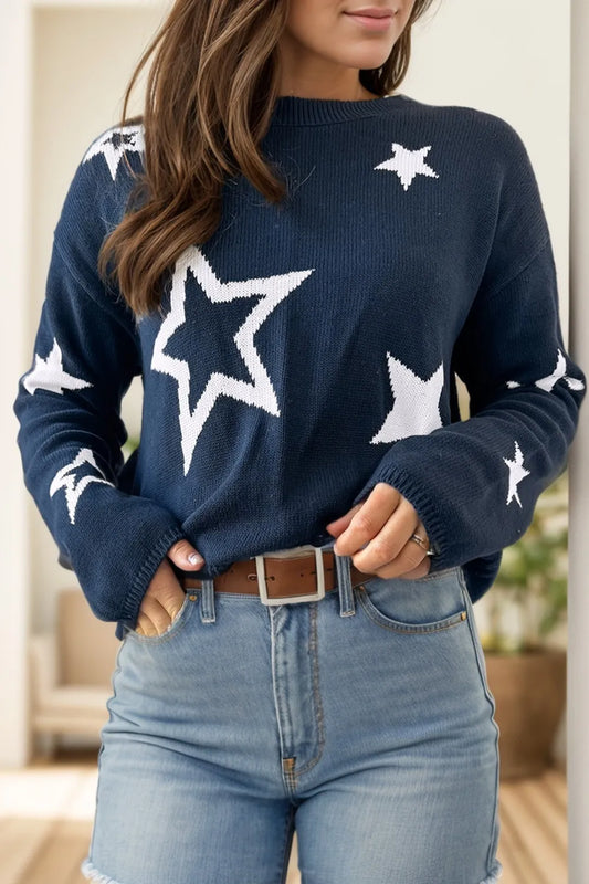 Star Round Neck Long Sleeve Sweater - adritiX