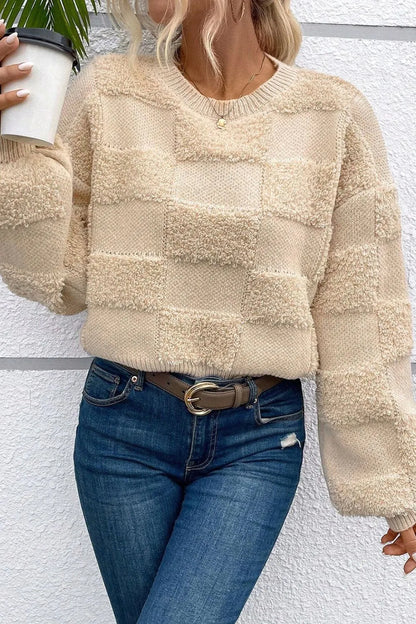 Checkered Round Neck Dropped Shoulder Sweater - adritiX
