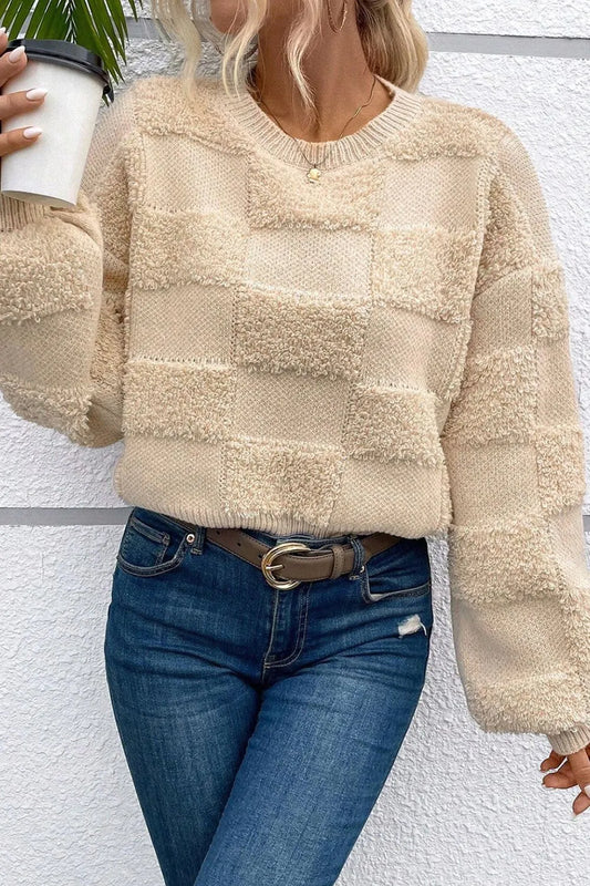 Checkered Round Neck Dropped Shoulder Sweater - adritiX