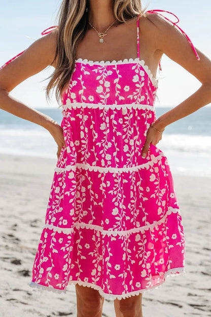 Floral Print Ric Rac Patched Sleeveless Mini Dress - adritiX