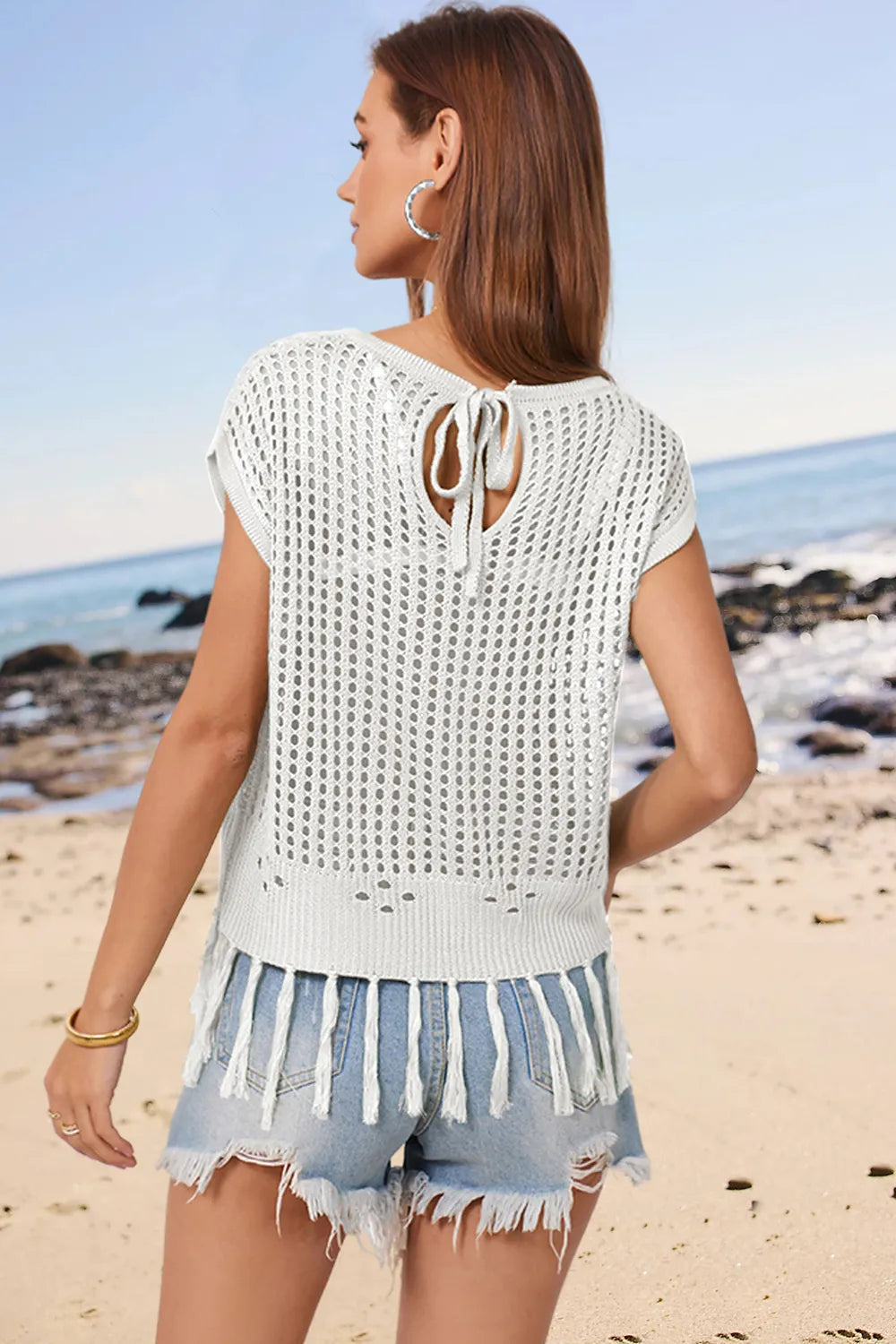 Openwork Cap Sleeve Knit Cover Up with Tassel - adritiX