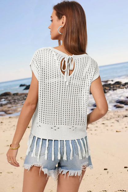 Openwork Cap Sleeve Knit Cover Up with Tassel - adritiX