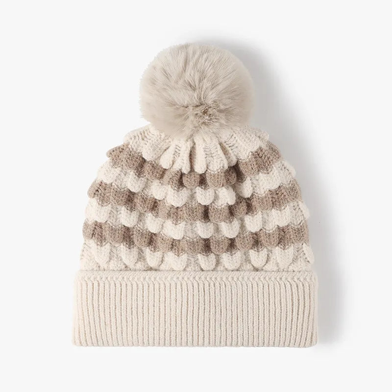 Striped Contrast Knit Hat with Pom-pom - adritiX