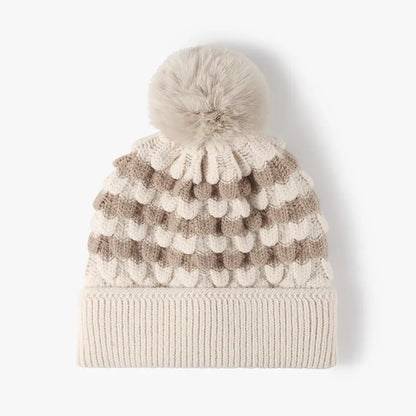 Striped Contrast Knit Hat with Pom-pom - adritiX