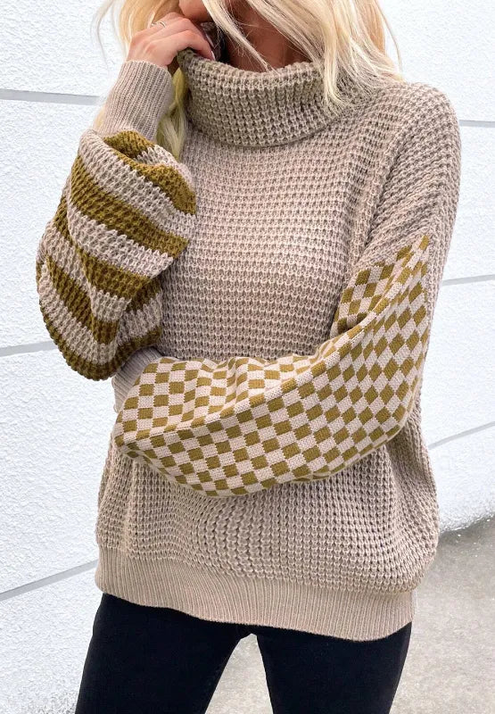 Striped & Checkered Turtleneck Dropped Shoulder Sweater - adritiX
