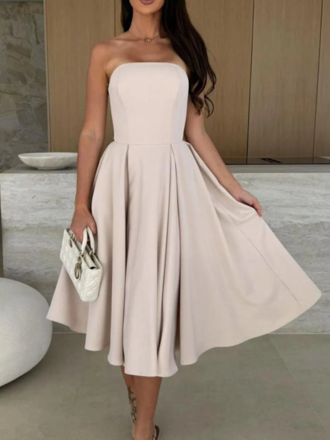 Elegant Solid Color Tube Midi Dress - adritiX