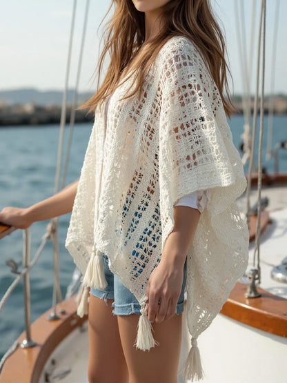 Elegant Openwork Tassel Open Front Knit Cover Up - adritiX