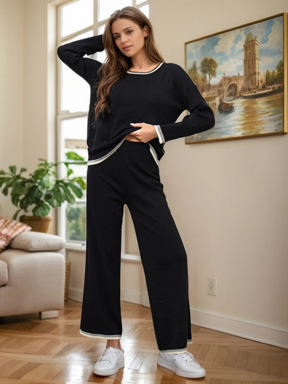 Elegant Contrast Trim Round Neck Top and Pants Sweater Set - adritiX