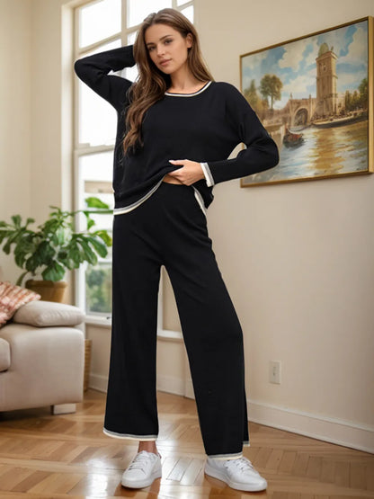 Elegant Contrast Trim Round Neck Top and Pants Sweater Set - adritiX