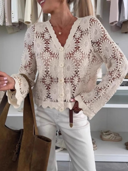 Lace V-Neck Button-Up Cardigan - adritiX