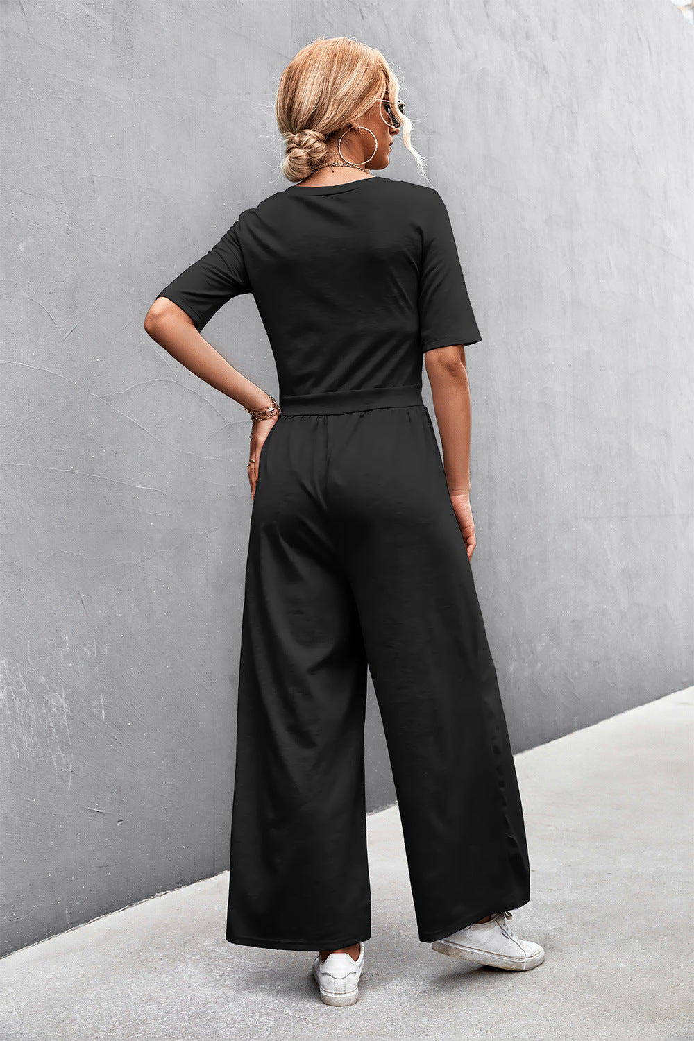 Elegant Scoop Neck Half Sleeve Wide Leg Jumpsuit - adritiX