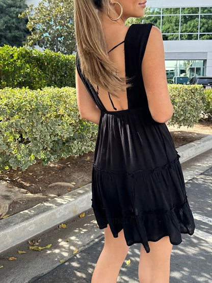 Deep V-Neck Tiered Mini Dress - adritiX