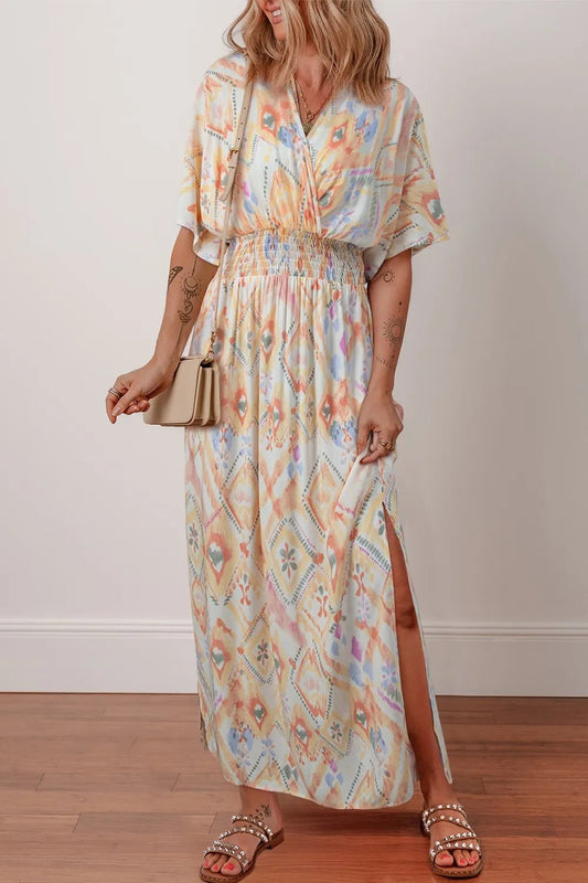 Printed Half Sleeve Shirred High Waist Maxi Dress - adritiX