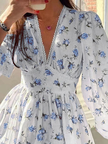 Lace Detail V-Neck Balloon Sleeve Dress - adritiX
