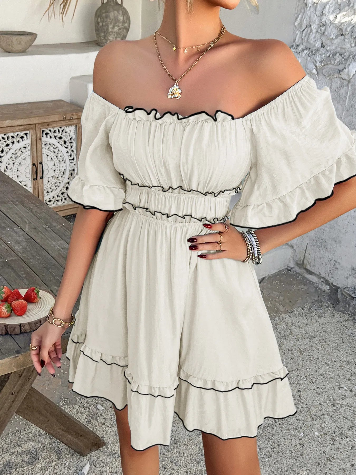 Square Neck Ruffle Trim Mini Dress - adritiX