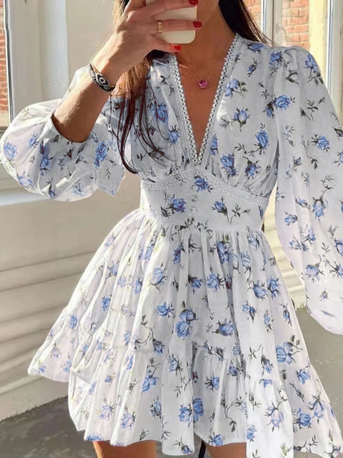 Lace Detail V-Neck Balloon Sleeve Dress - adritiX