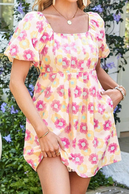 Floral Square Neck Puff Sleeve Pleated Flared Midi Dress - adritiX