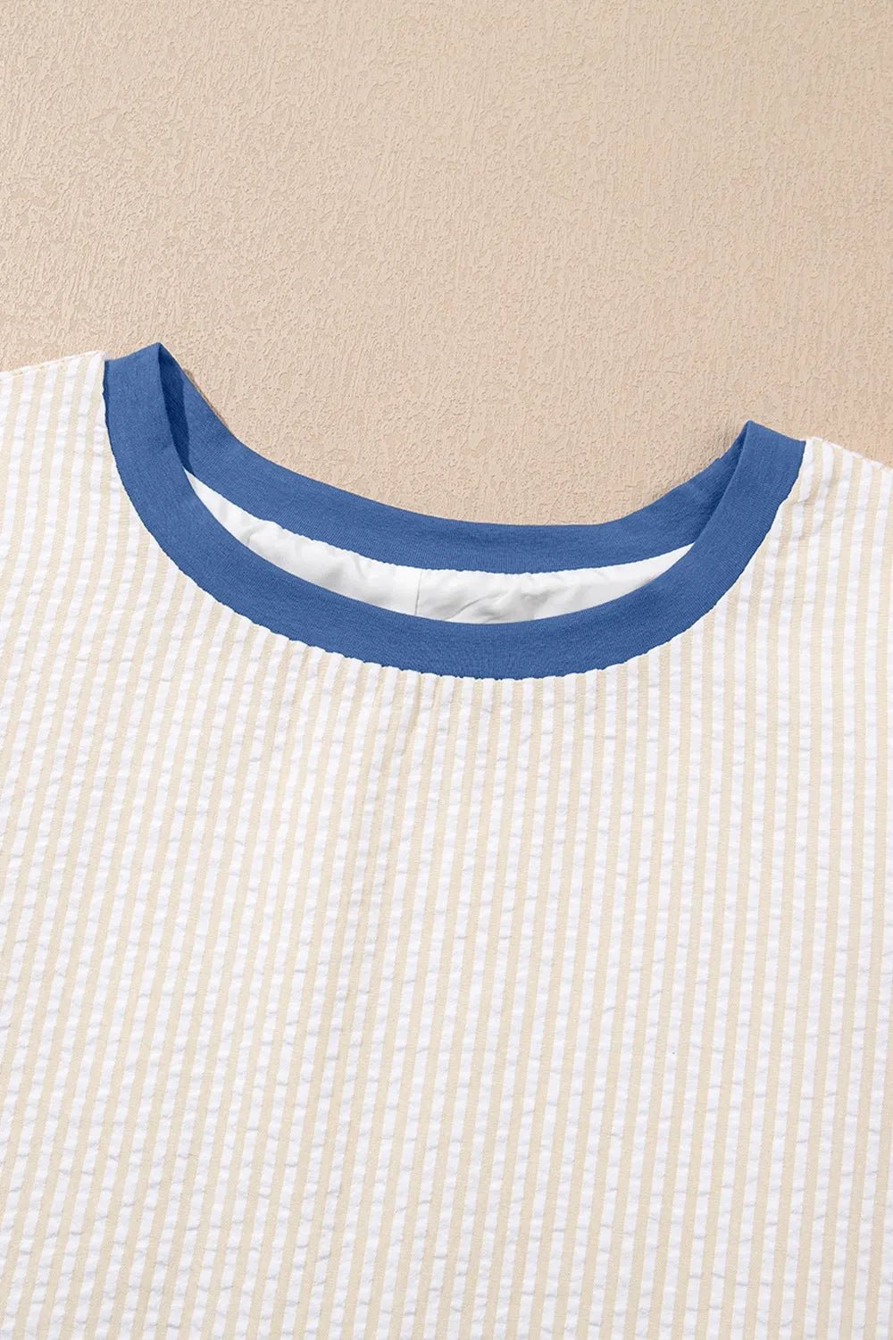 Stripe Seersucker Contrast Round Neck Puff Sleeve T Shirt Dress - adritiX