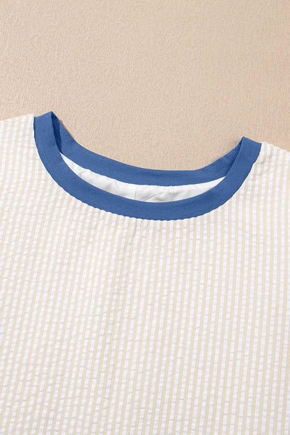 Stripe Seersucker Contrast Round Neck Puff Sleeve T Shirt Dress - adritiX