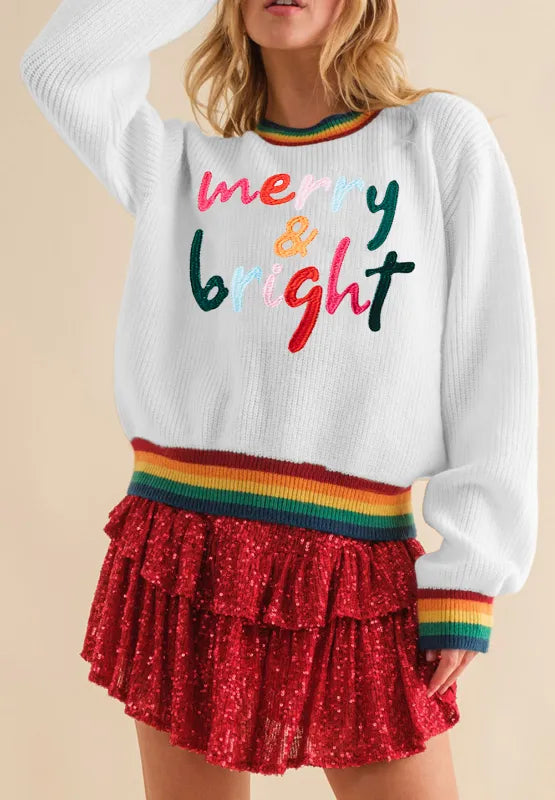 Elegant MERRY & BRIGHT Ribbed Round Neck Sweater - adritiX