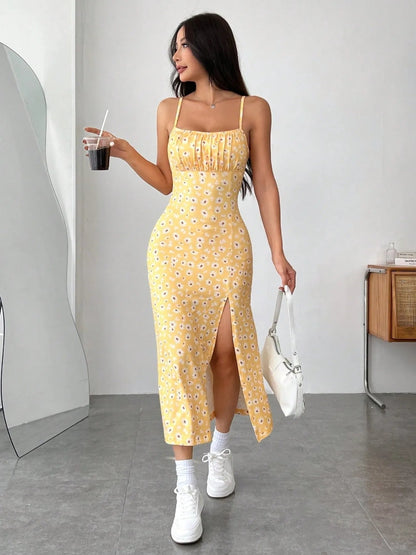 Daisy Print Cami Midi Dress with Slit - adritiX