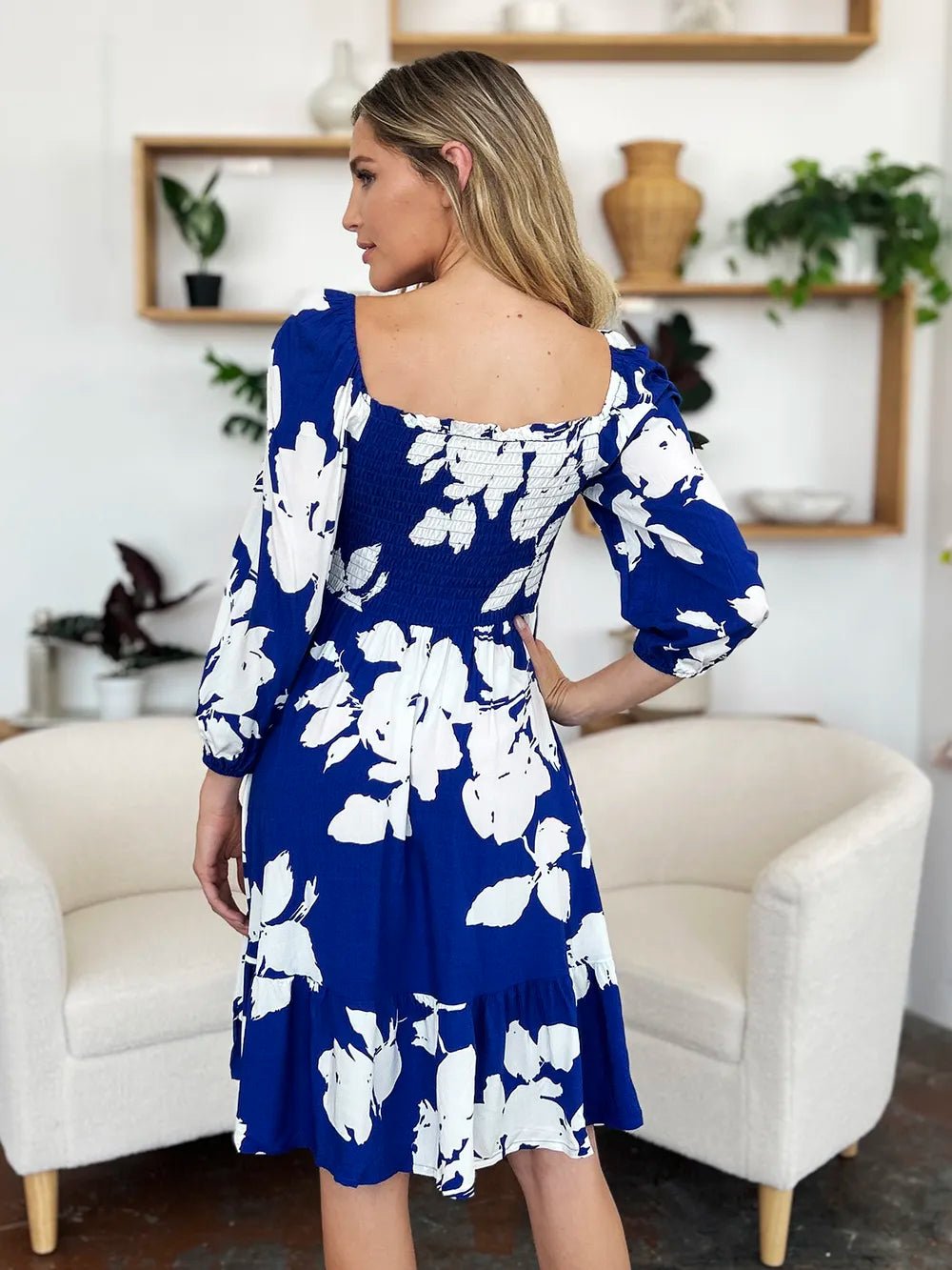Double Take Full Size Floral Ruffle Hem Smocked Dress with Pockets - adritiX