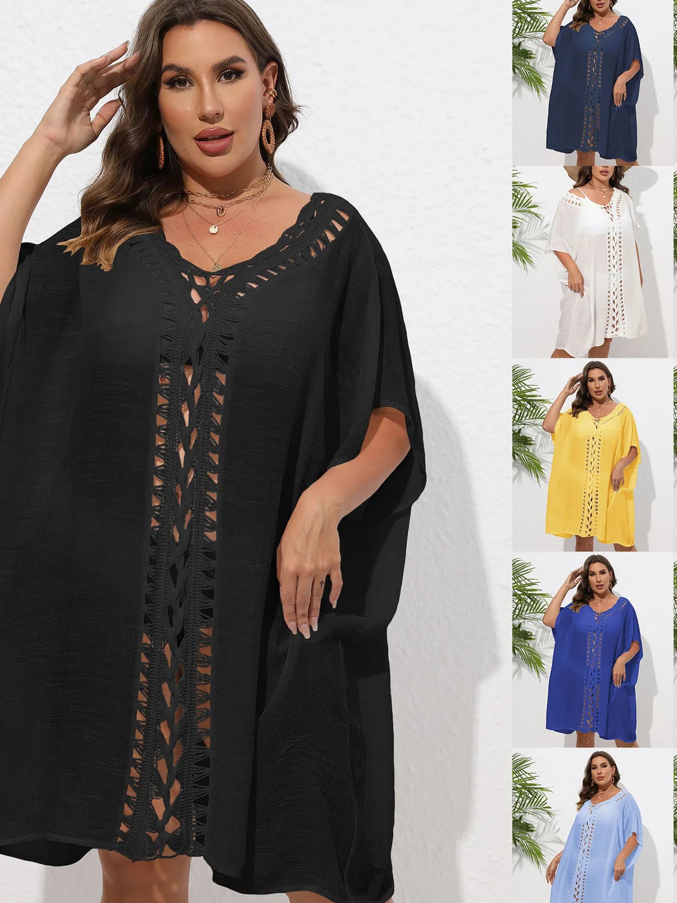 Crochet Trim V-Neck Beach Cover Up Dress - adritiX