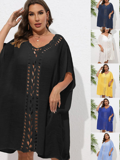 Crochet Trim V-Neck Beach Cover Up Dress - adritiX