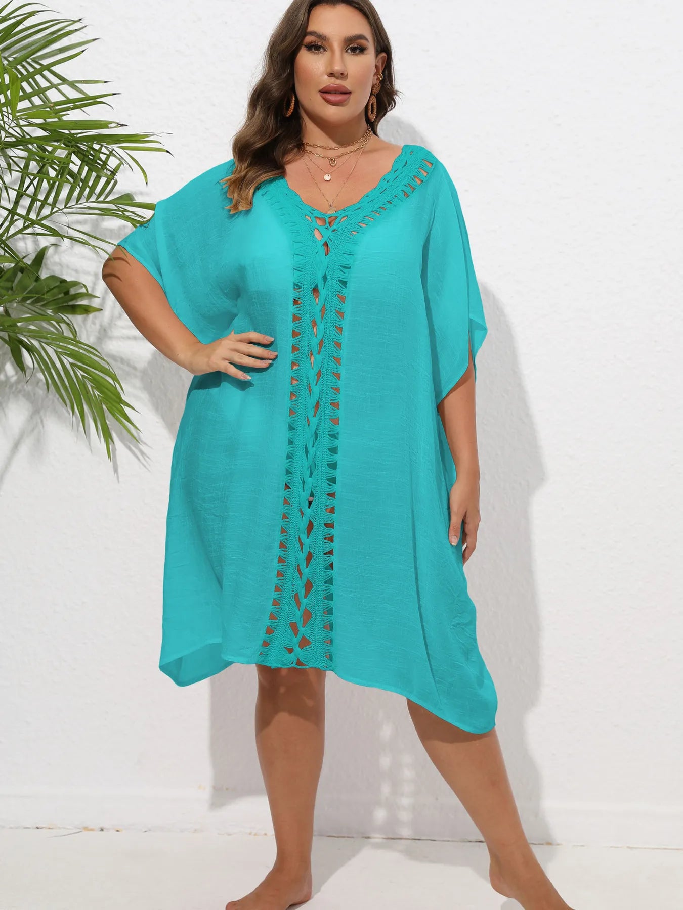Crochet Trim V-Neck Beach Cover Up Dress - adritiX
