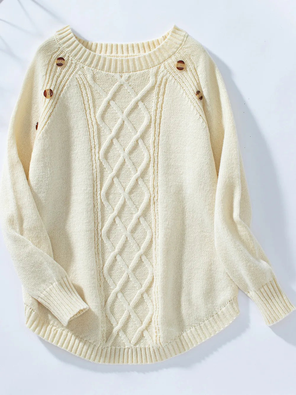 Decorative Button Round Neck Raglan Sleeve Sweater - adritiX