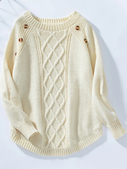 Decorative Button Round Neck Raglan Sleeve Sweater - adritiX