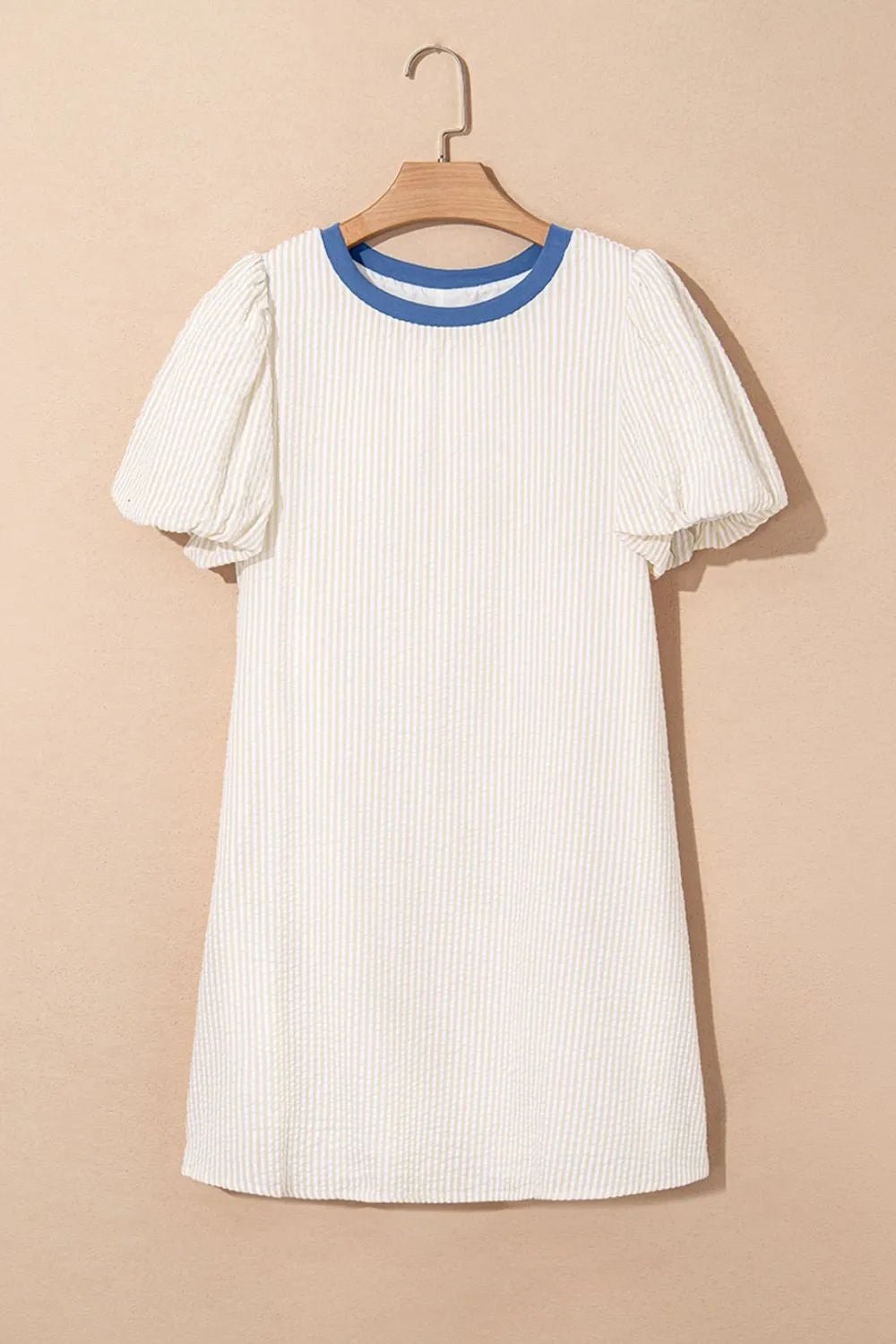 Stripe Seersucker Contrast Round Neck Puff Sleeve T Shirt Dress - adritiX