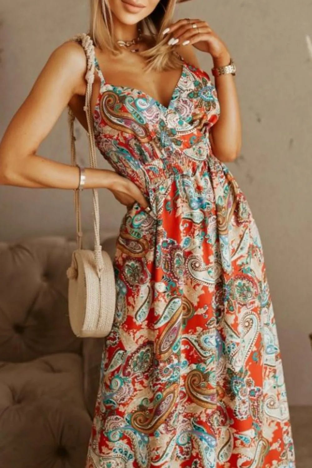Printed Spaghetti Strap Maxi Dress - adritiX