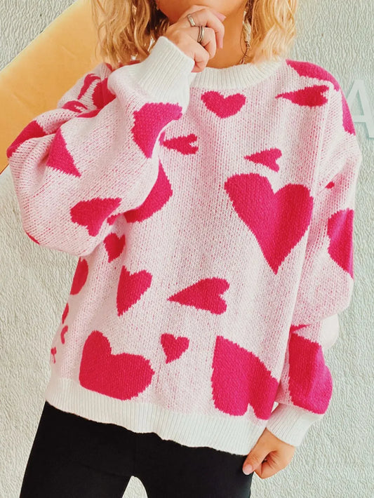 Heart Round Neck Long Sleeve Sweater - adritiX