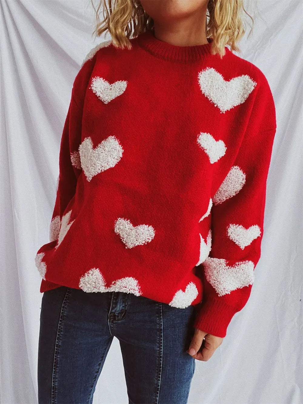 Heart Round Neck Dropped Shoulder Sweater - adritiX