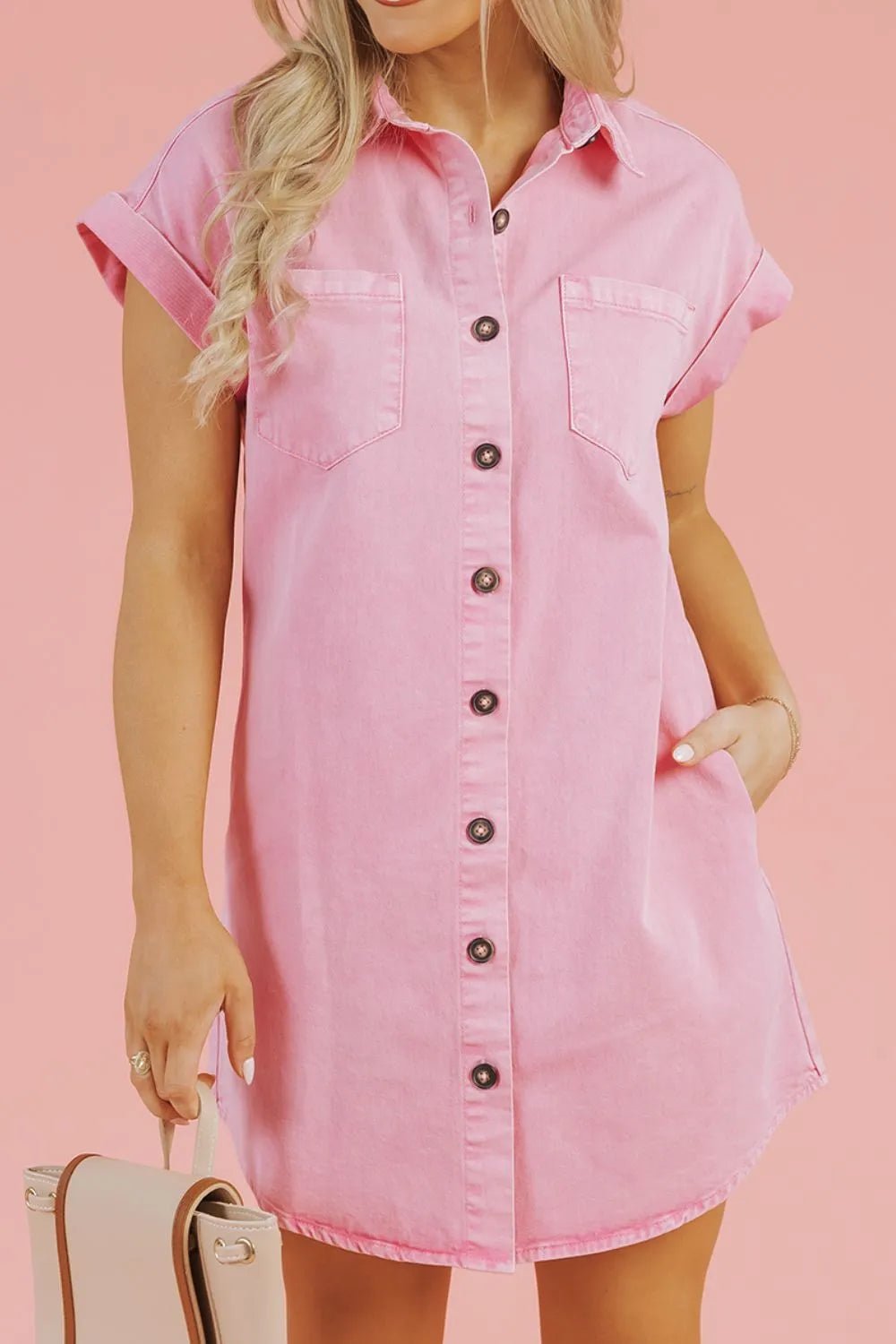 Button Down Short Sleeve Denim Dress - adritiX
