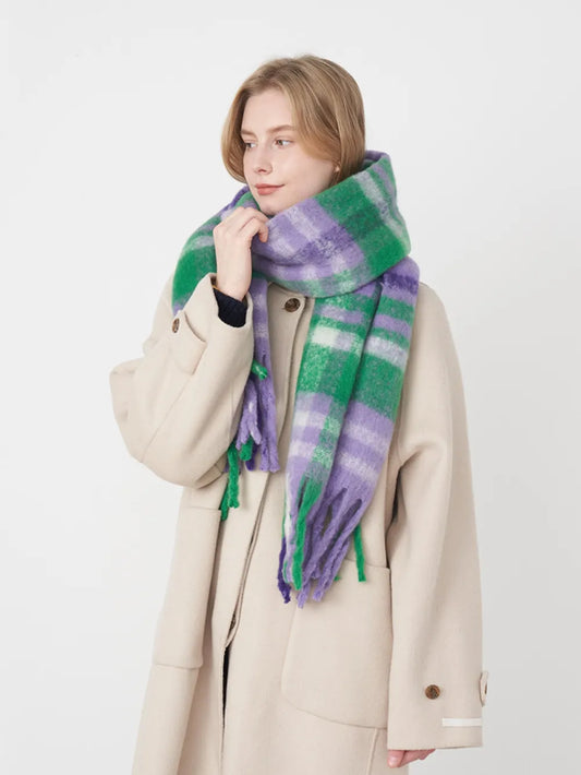 Fringe Plaid Polyester Scarf - adritiX